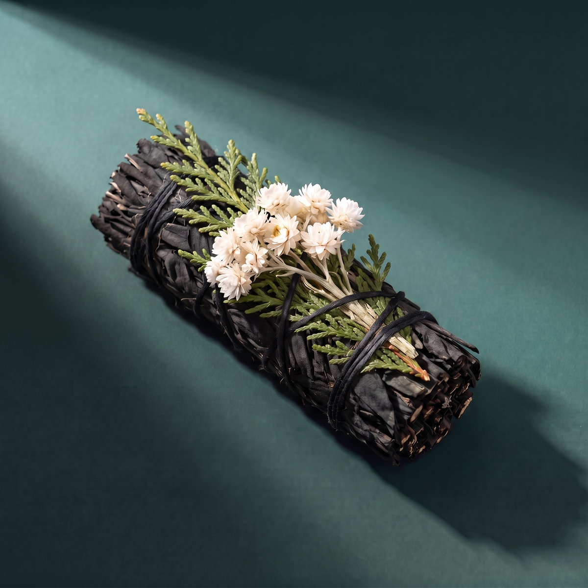 Midnight Bloom Floral White Sage Smudge Stick — Calming Night Ritual Bundle (4 in.) – botanical detail