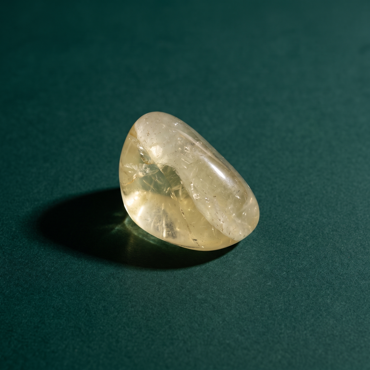 A natural citrine tumbled stone in pale gold, translucent against a dark green surface