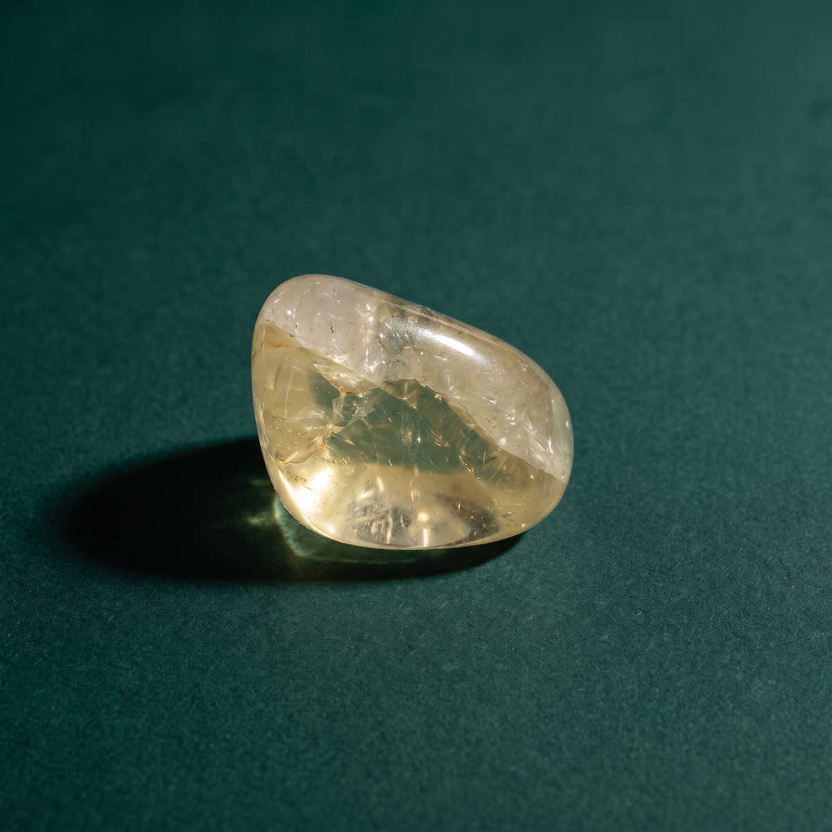 The same citrine tumbled stone from a second angle, warm honey tones through the polished body
