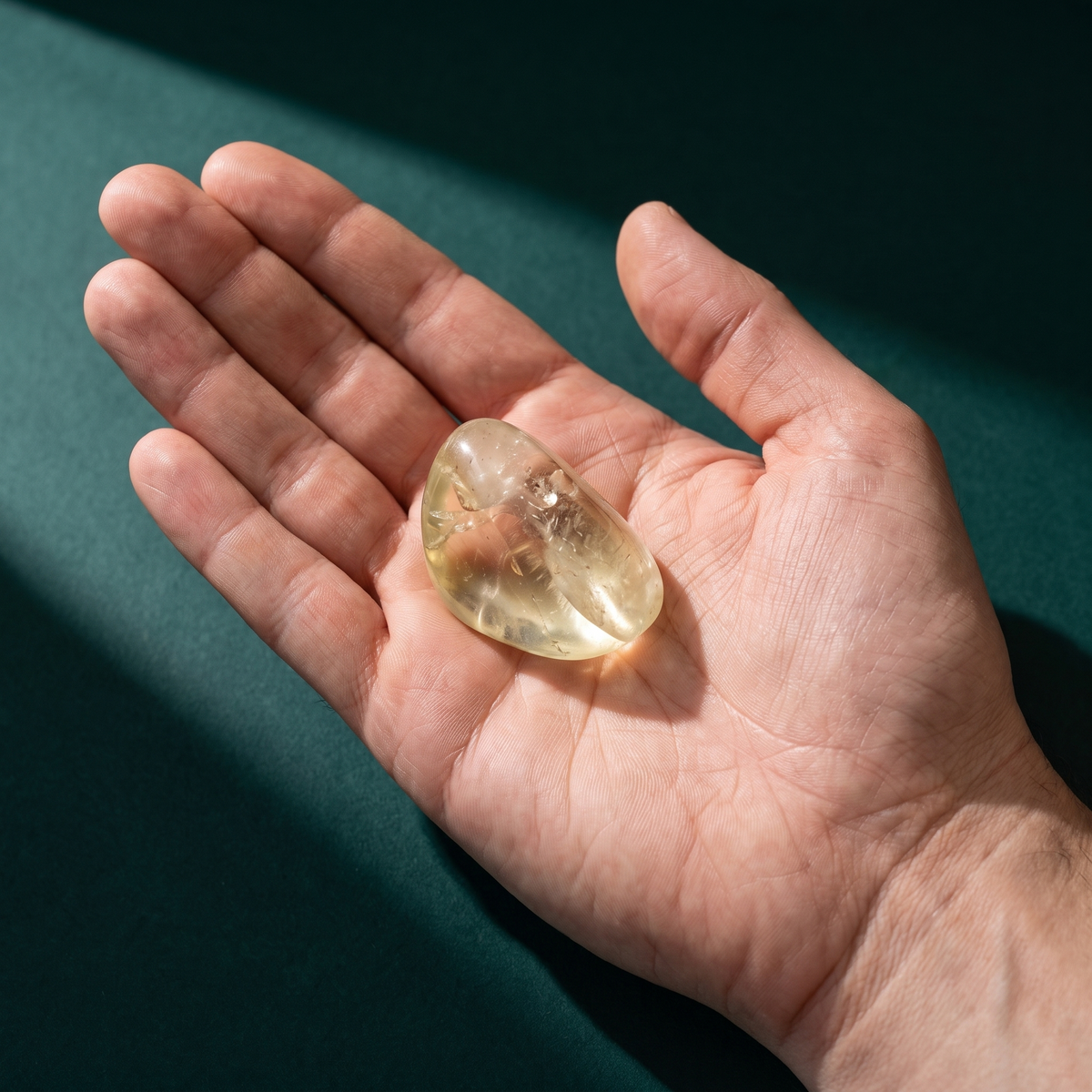 A hand holding the pale golden citrine tumbled stone to show its size