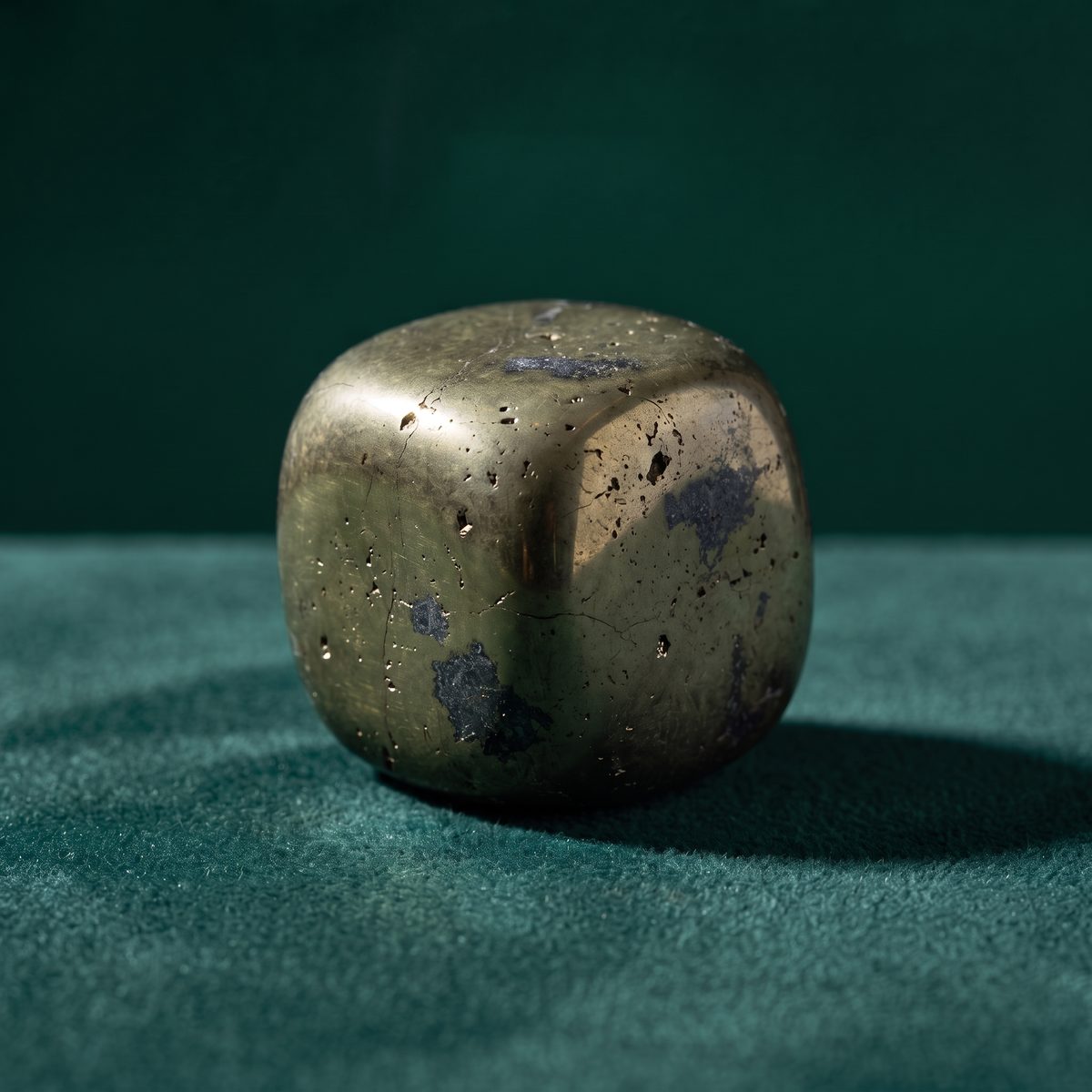 Single tumbled pyrite stone on dark green velvet, its brassy gold faces broken by darker gray inclusions