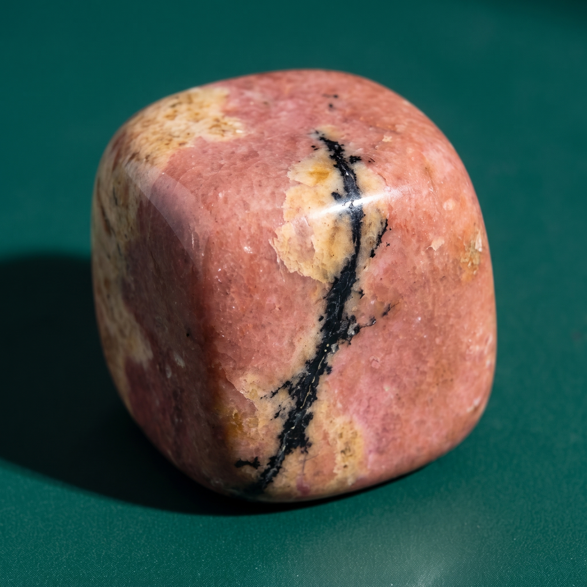 Close view of the same rhodonite stone, the black veins running across the polished pink face