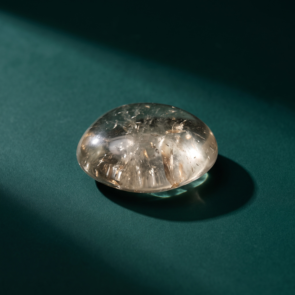 Domed polished smoky quartz stone on deep green fabric, almost water-clear with a faint champagne tint and internal veils