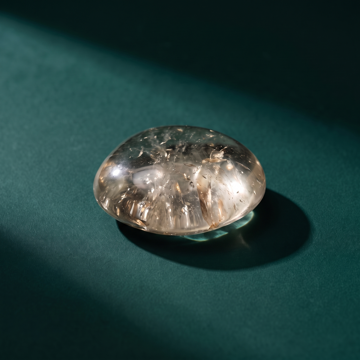 The same domed smoky quartz stone on deep green fabric, side light bringing out the internal fractures and pale golden cast