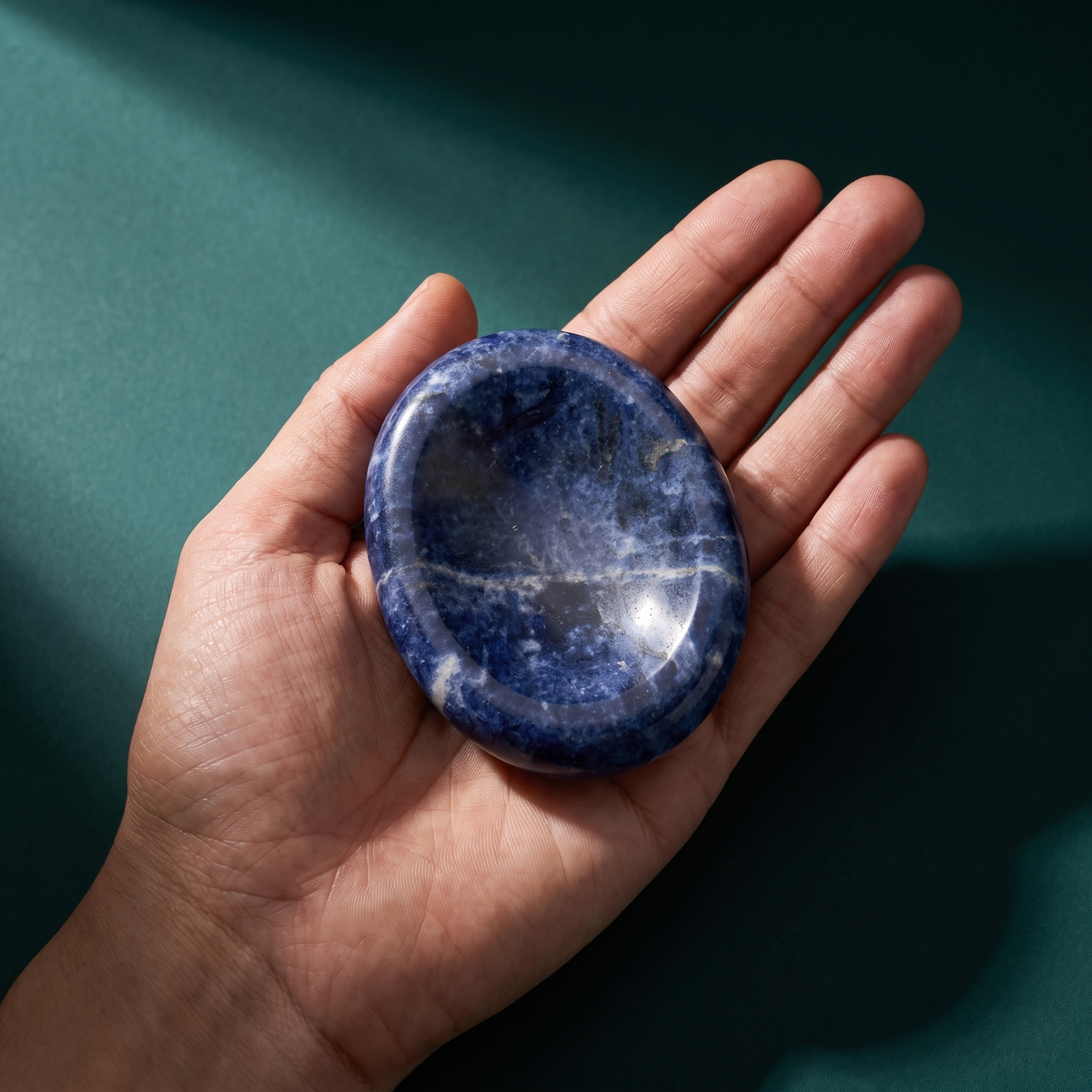 A hand holding the sodalite comfort stone with the thumb hollow facing up