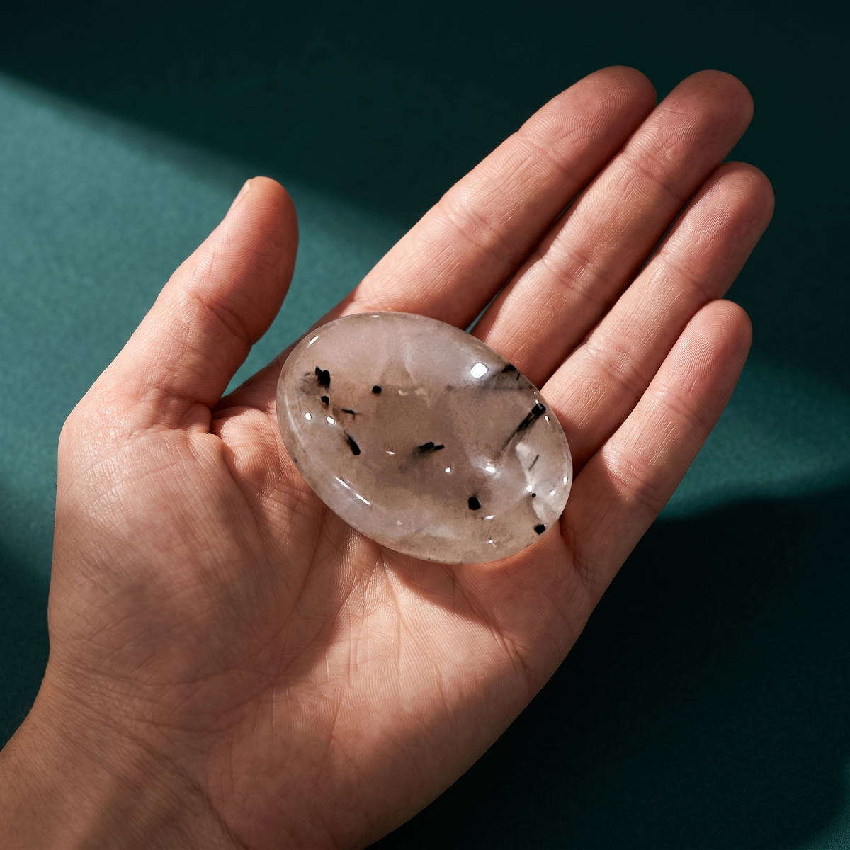 Tourmalinated Quartz Comfort Stone — Clarity & Protection Worry Stone – scale context