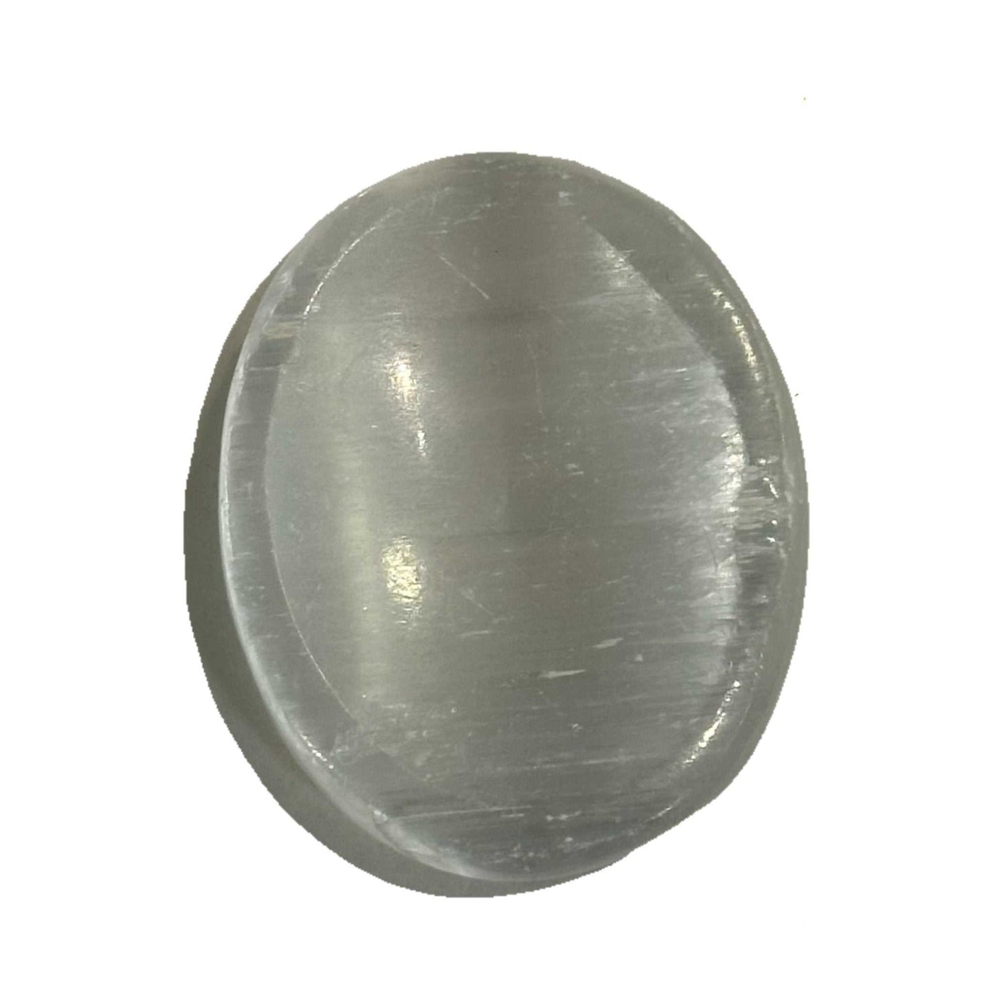 Smooth white Selenite comfort stone with a pearlescent satin sheen, held in an oval palm shape