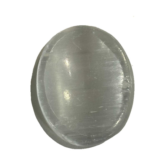 Smooth white Selenite comfort stone with a pearlescent satin sheen, held in an oval palm shape