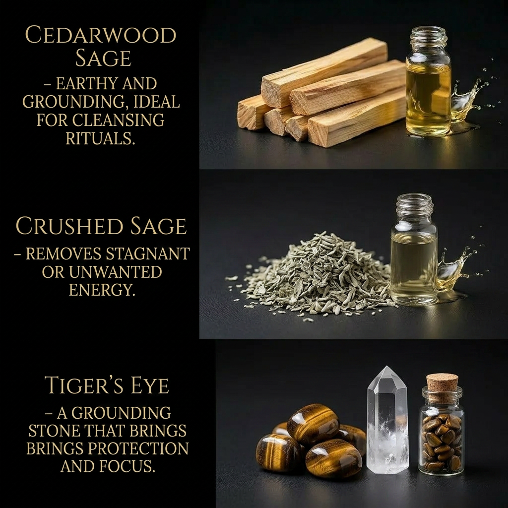 Spiritual Cleansing ritual candle in an 8 oz jar with crushed sage and tiger's eye (view 5)