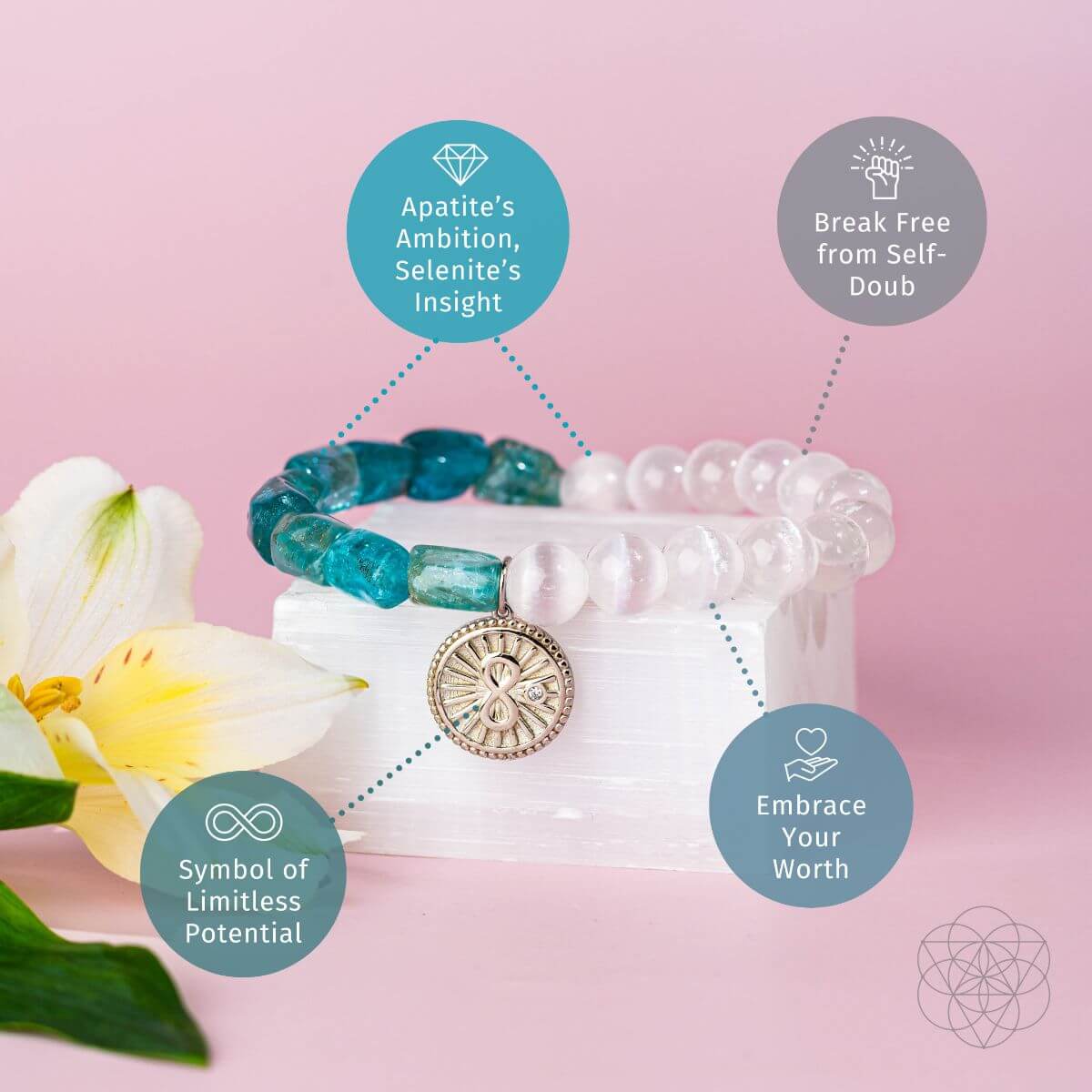 Bracelet with raw blue apatite and translucent selenite beads joined by a platinum-plated infinity charm — detail view 4