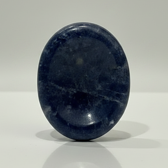 A polished oval sodalite comfort stone in deep royal blue streaked with white