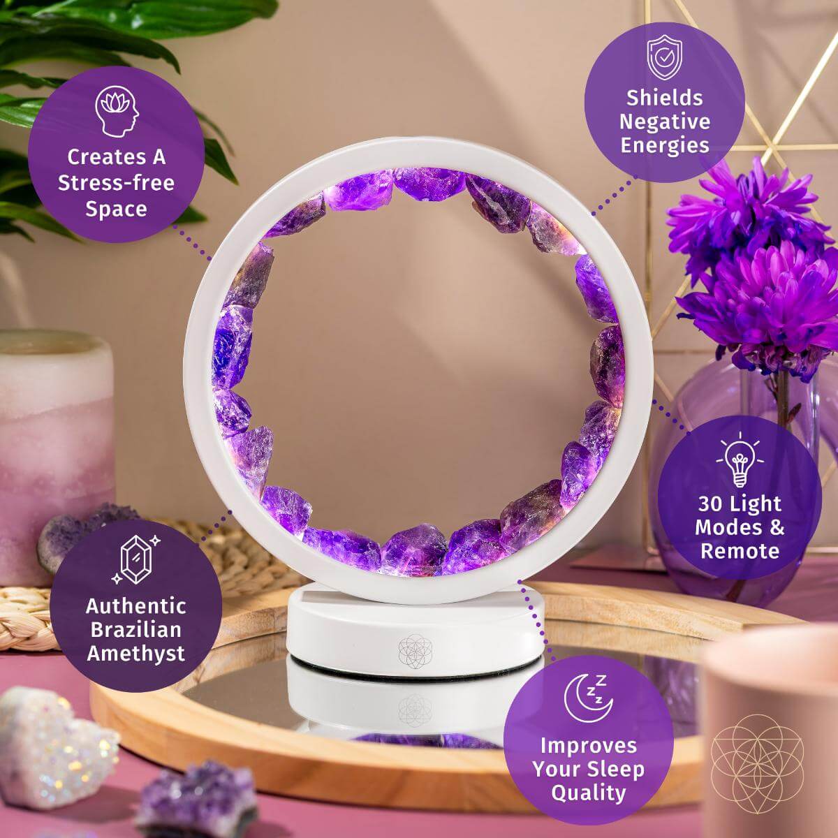 Circular amethyst halo lamp glowing in soft purple light — detail view 6