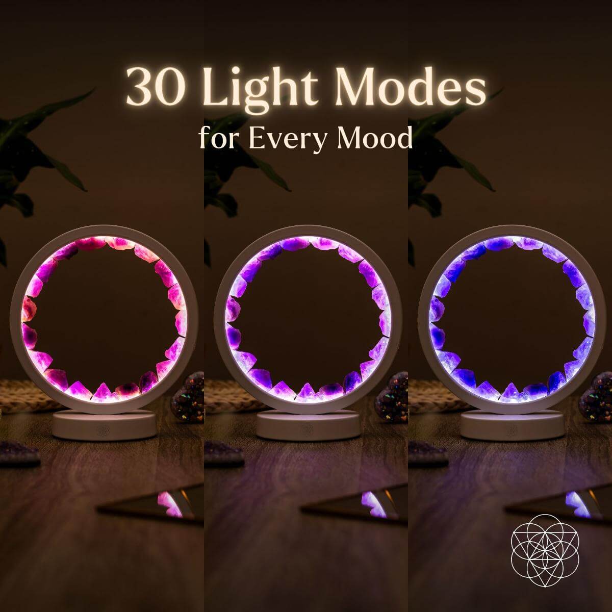 Circular amethyst halo lamp glowing in soft purple light — detail view 5