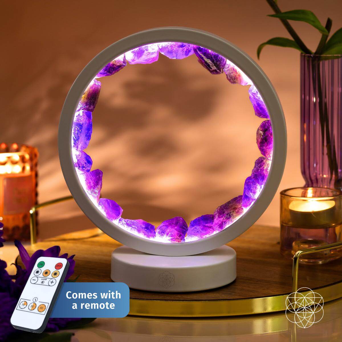 Circular amethyst halo lamp glowing in soft purple light — detail view 2