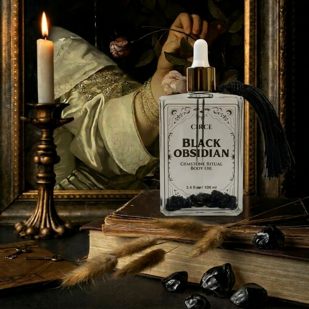 Close-up of the Black Obsidian Body Oil label.
