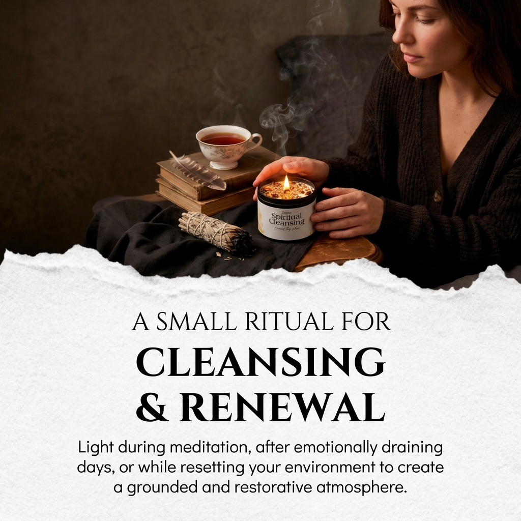 Spiritual Cleansing ritual candle in an 8 oz jar with crushed sage and tiger's eye (view 3)
