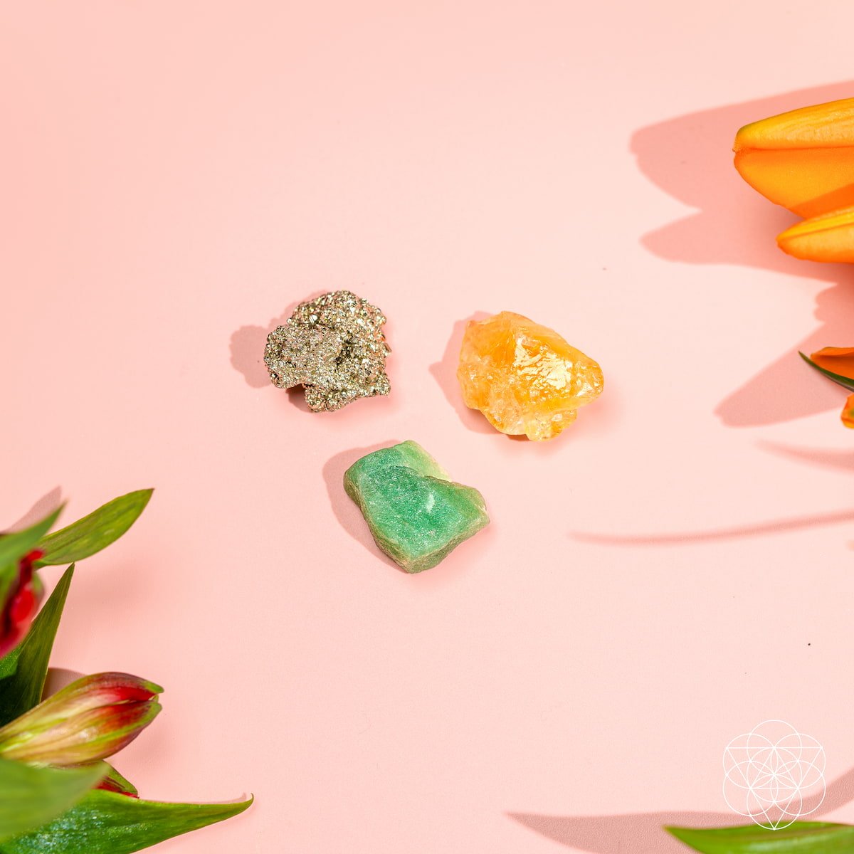 Three raw abundance stones — golden Citrine, metallic Pyrite, and green Aventurine — view 6