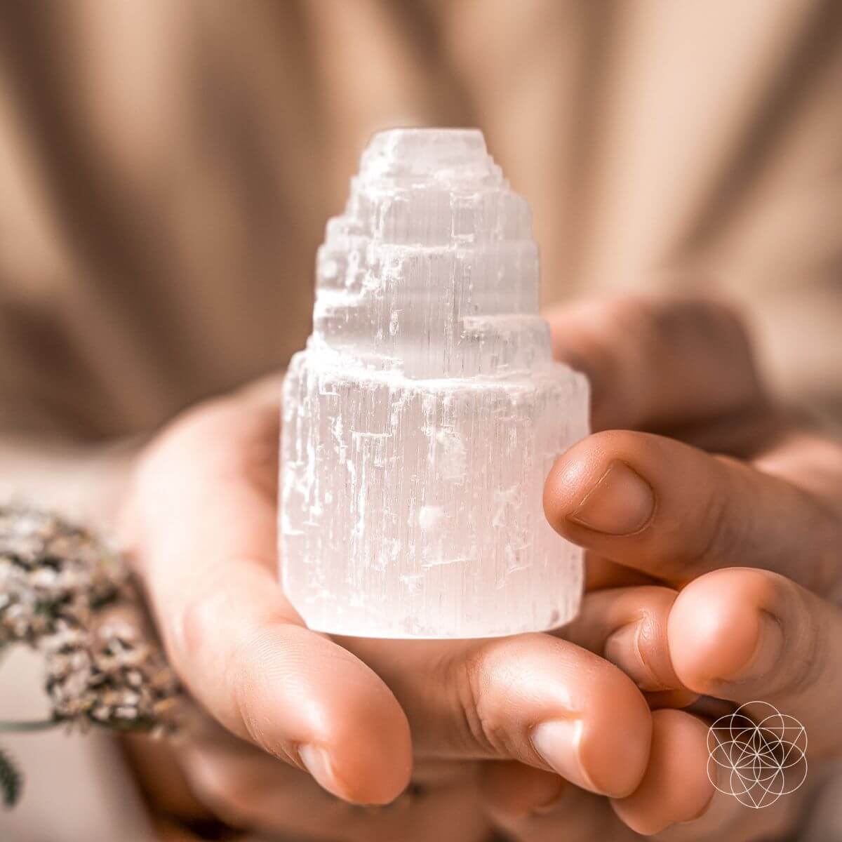 Tall natural selenite tower with a translucent white striated surface — view 2 of 6