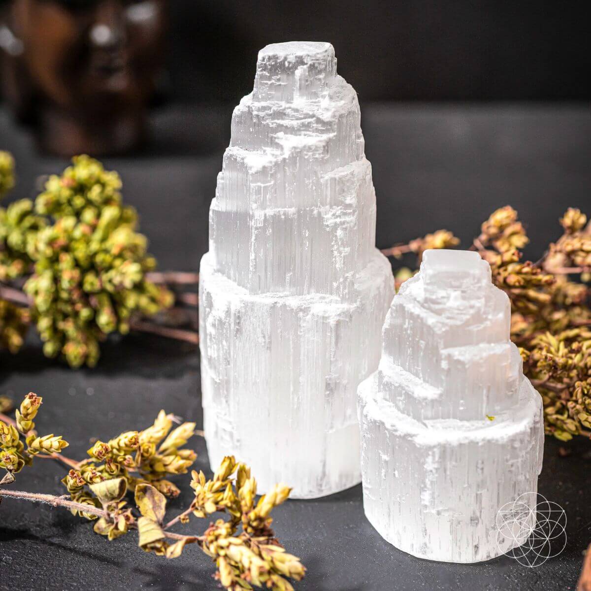 Tall natural selenite tower with a translucent white striated surface — view 4 of 6