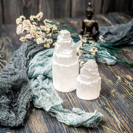 Tall natural selenite tower with a translucent white striated surface — view 1 of 6