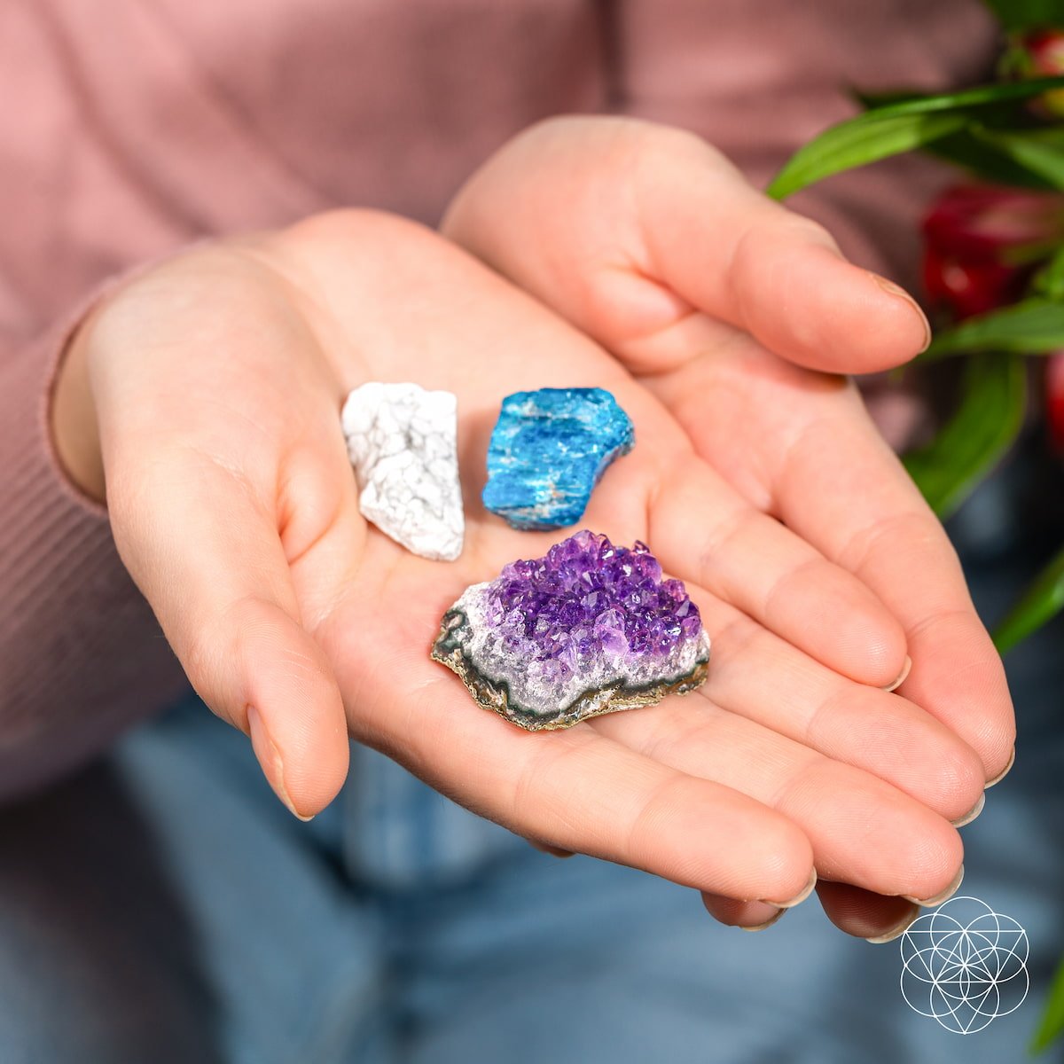 Three raw calming stones — purple Amethyst, blue Apatite, and white Howlite — view 2