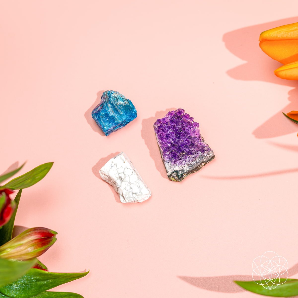 Three raw calming stones — purple Amethyst, blue Apatite, and white Howlite — view 6