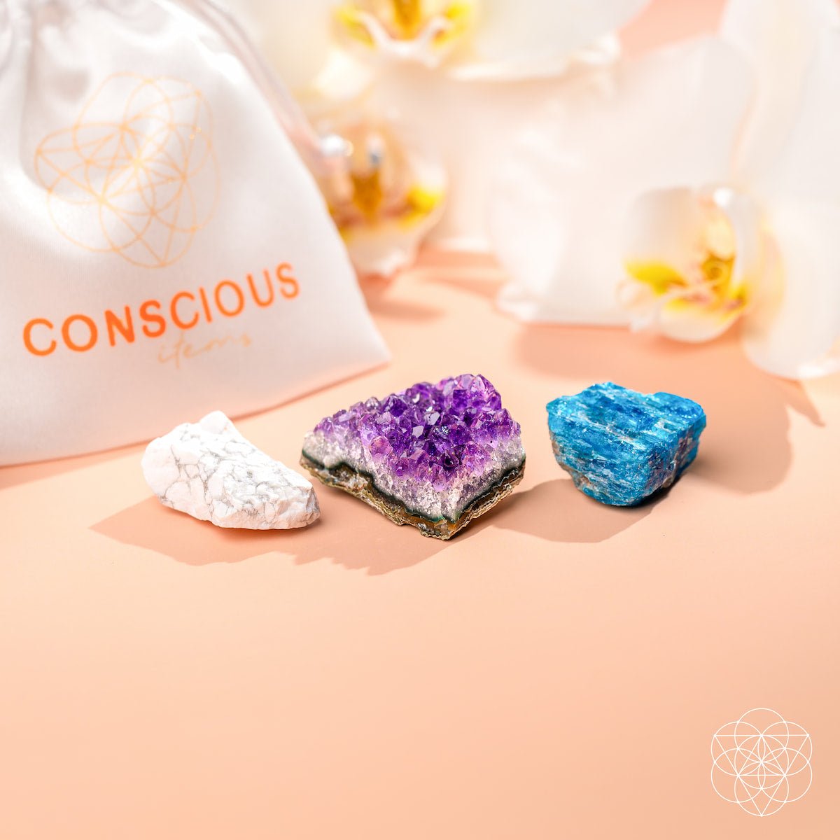 Three raw calming stones — purple Amethyst, blue Apatite, and white Howlite — view 5