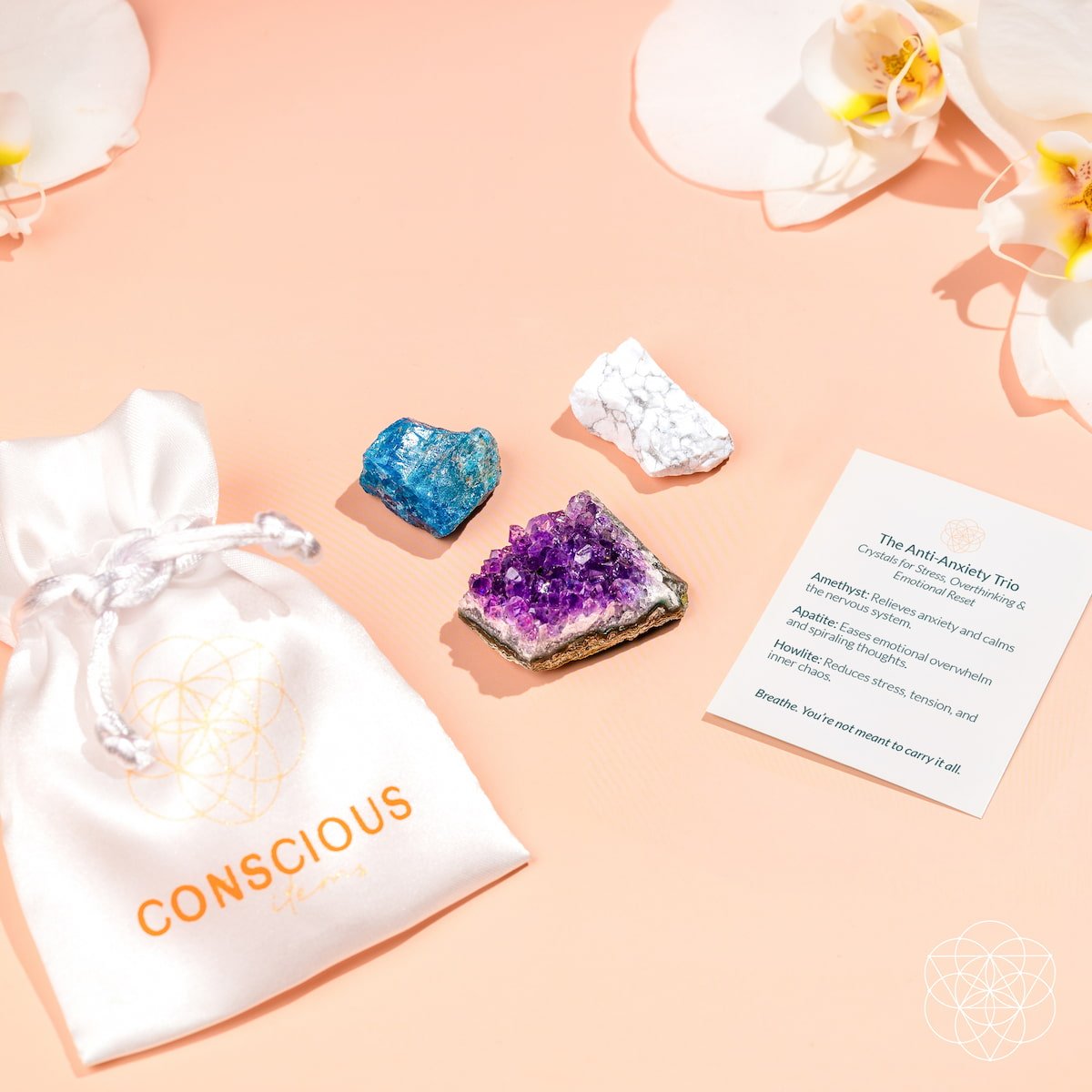 The Calm Trio — Amethyst, Apatite & Howlite Stone Set for Quiet Minds