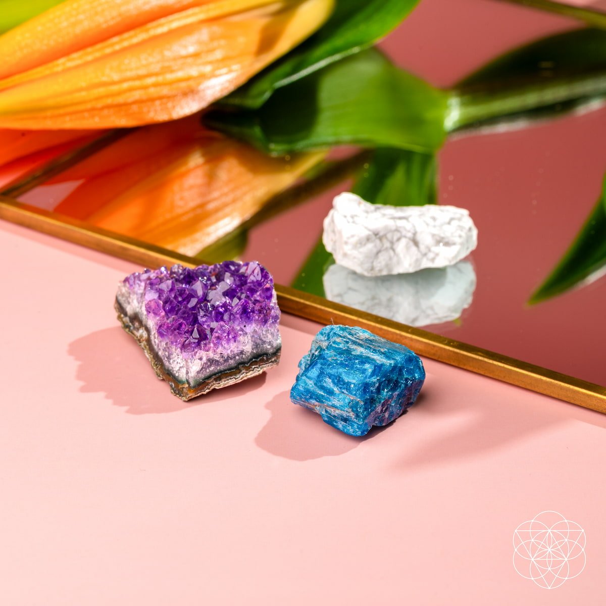Three raw calming stones — purple Amethyst, blue Apatite, and white Howlite — view 4