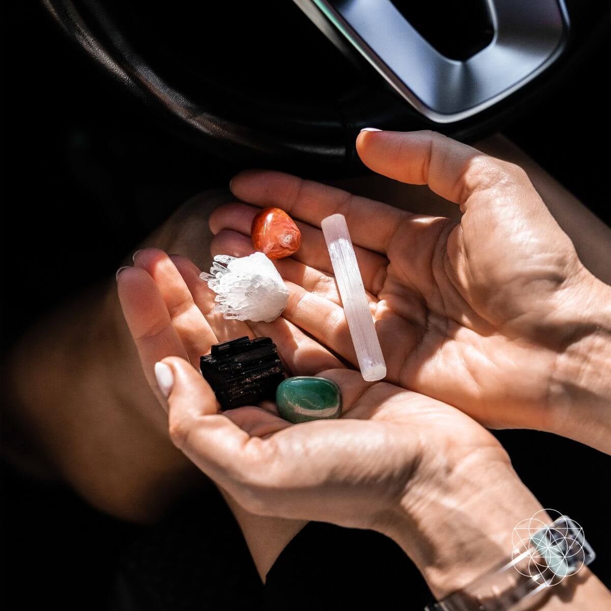 Car protection crystal kit with black tourmaline, selenite, clear quartz, carnelian and green aventurine tumbled stones — view 5 of 7