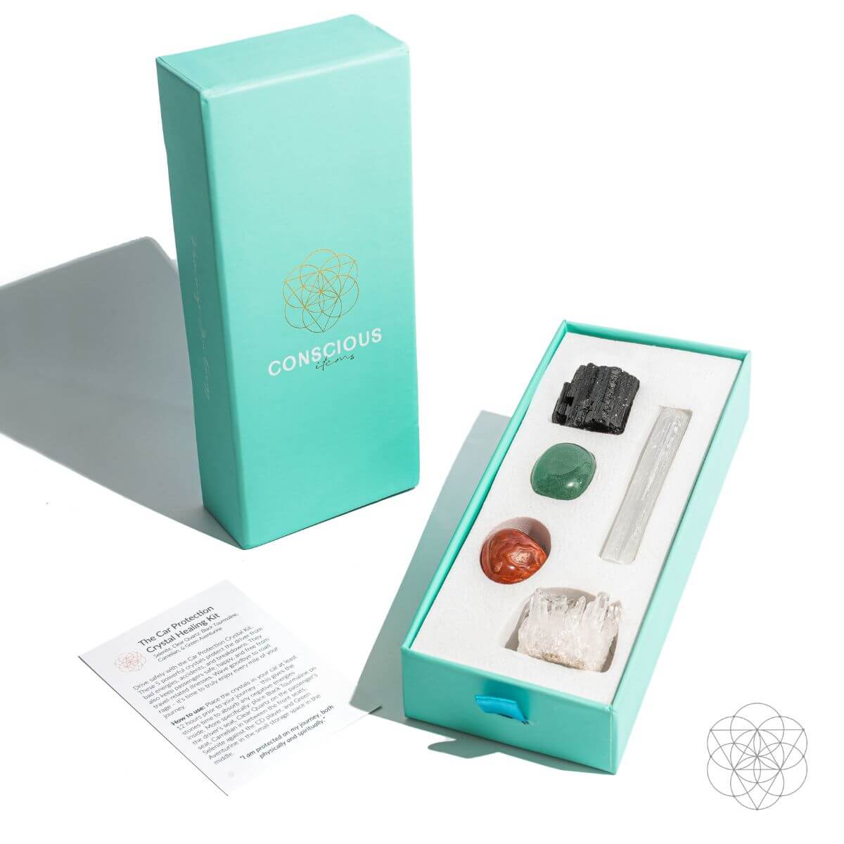 Car protection crystal kit with black tourmaline, selenite, clear quartz, carnelian and green aventurine tumbled stones — view 7 of 7