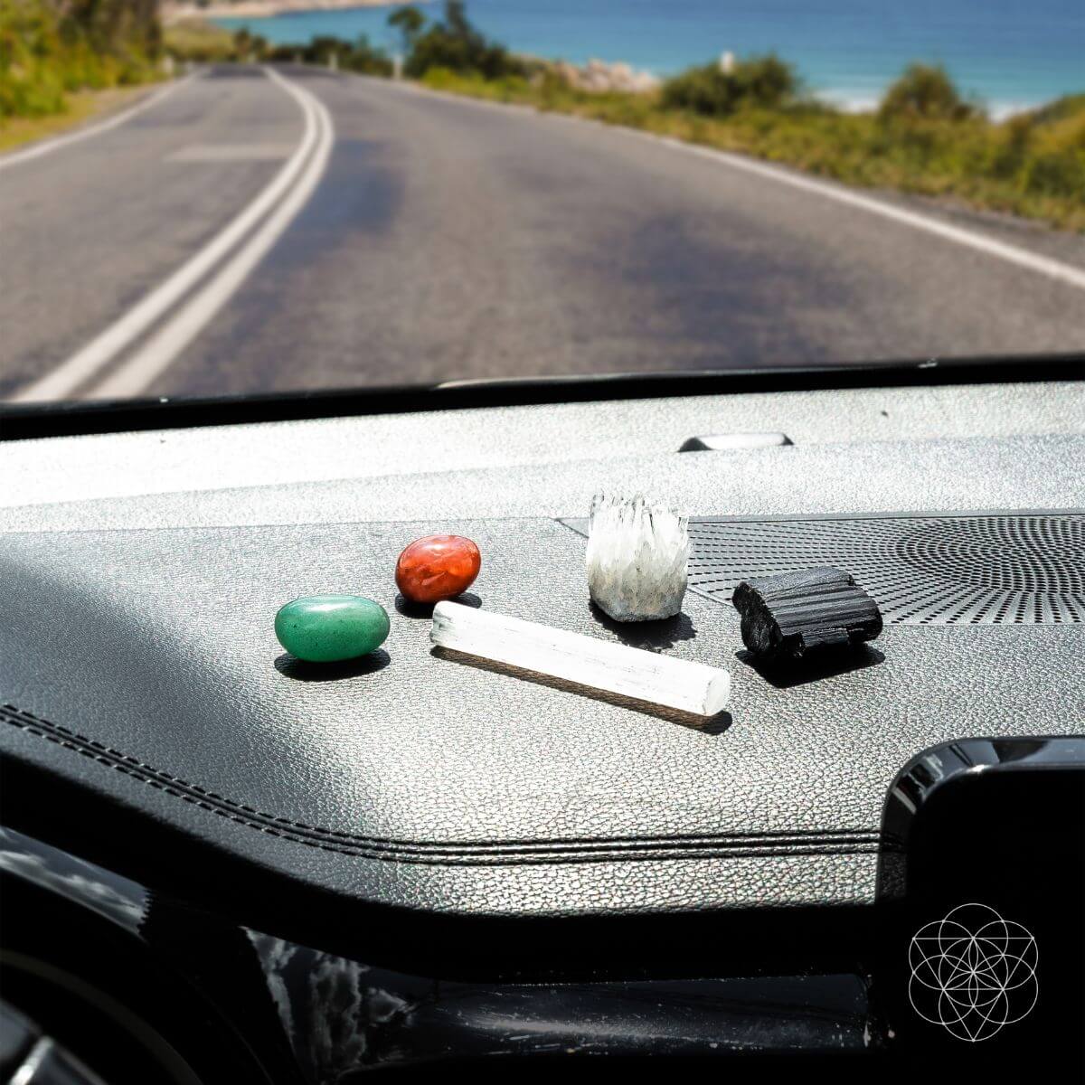Car protection crystal kit with black tourmaline, selenite, clear quartz, carnelian and green aventurine tumbled stones — view 2 of 7