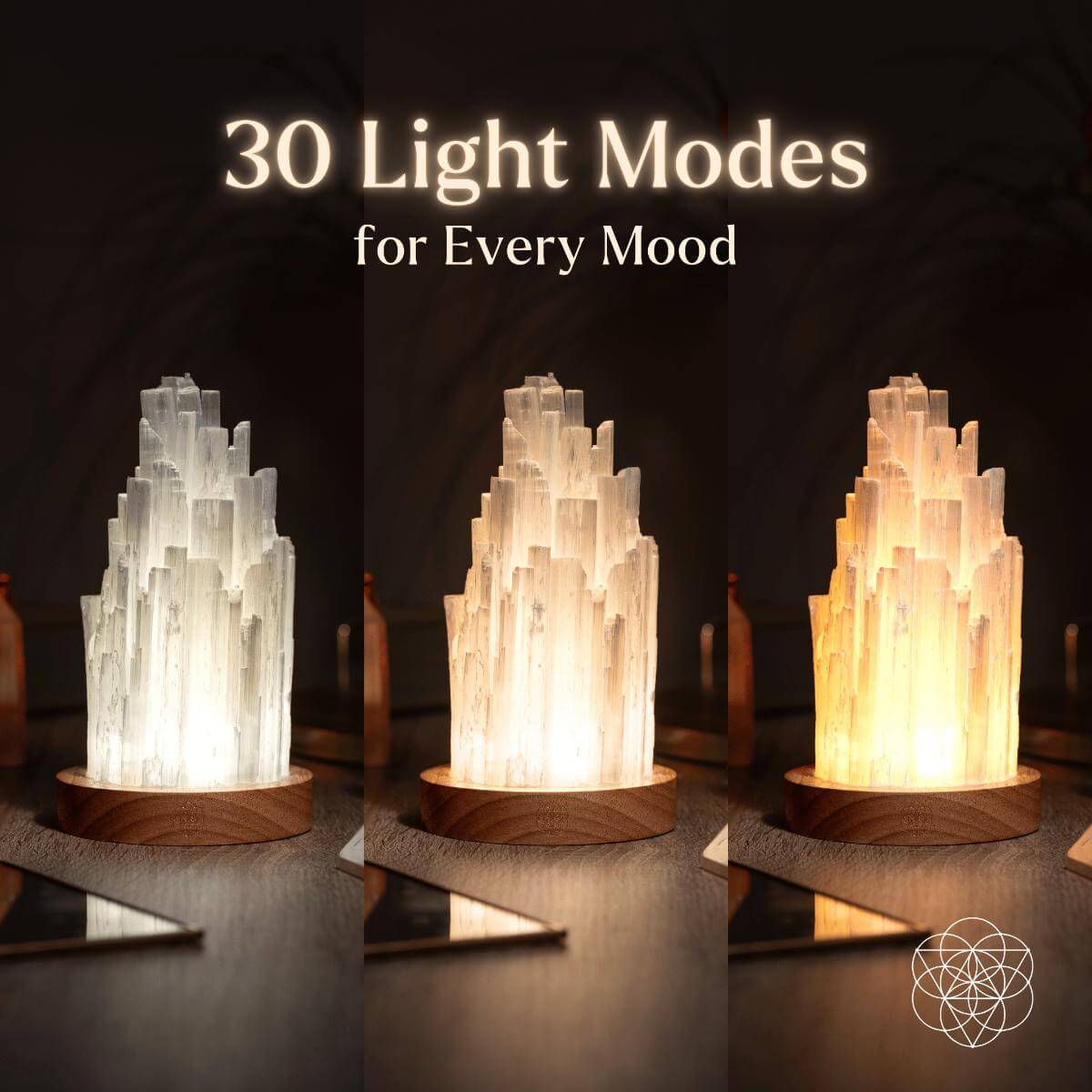 Tall Selenite crystal lamp glowing on a walnut base — view 4