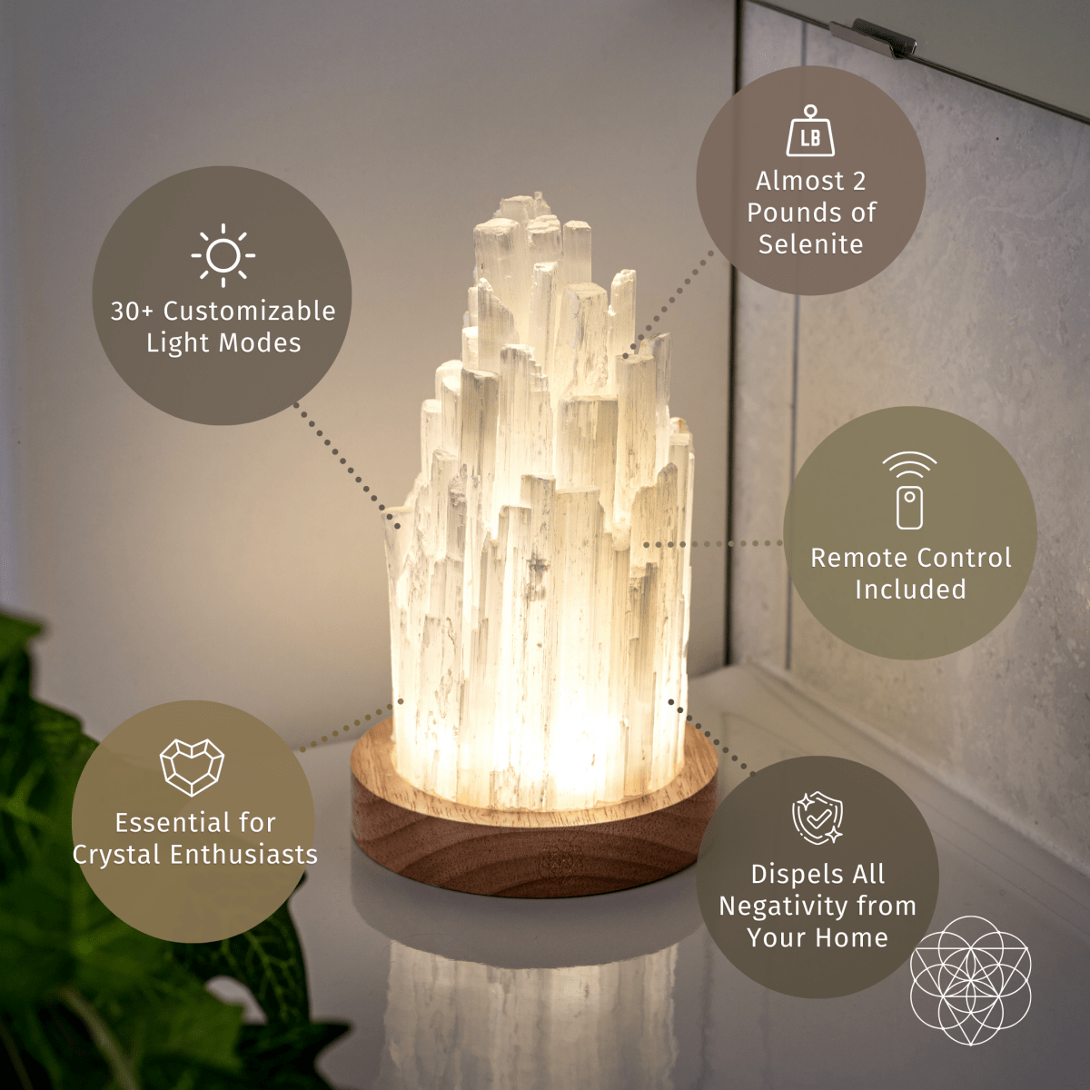 Tall Selenite crystal lamp glowing on a walnut base — view 5