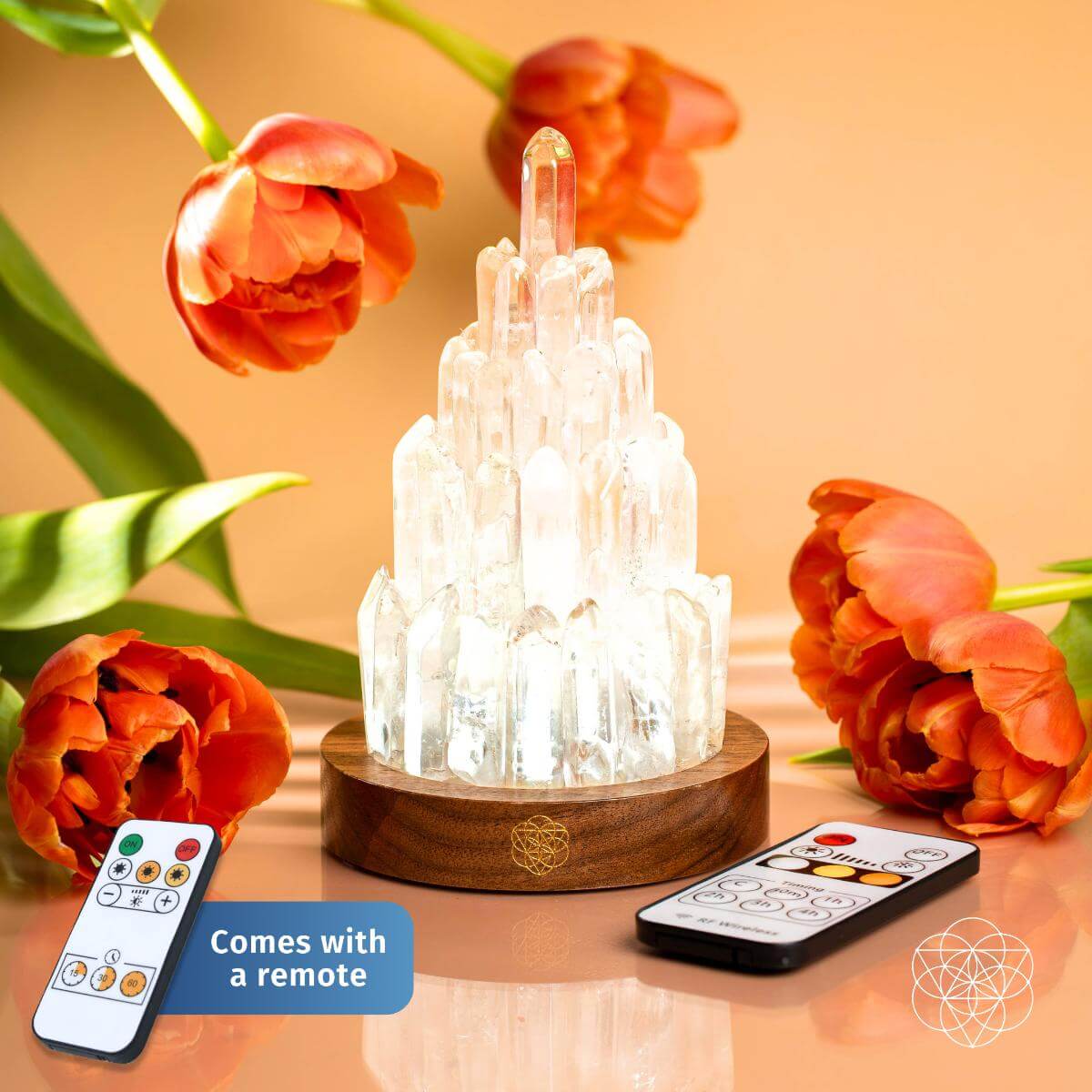 Tall carved clear quartz tower lamp lit from within — detail view 2