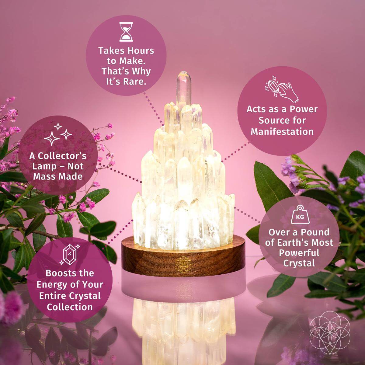 Tall carved clear quartz tower lamp lit from within — detail view 4