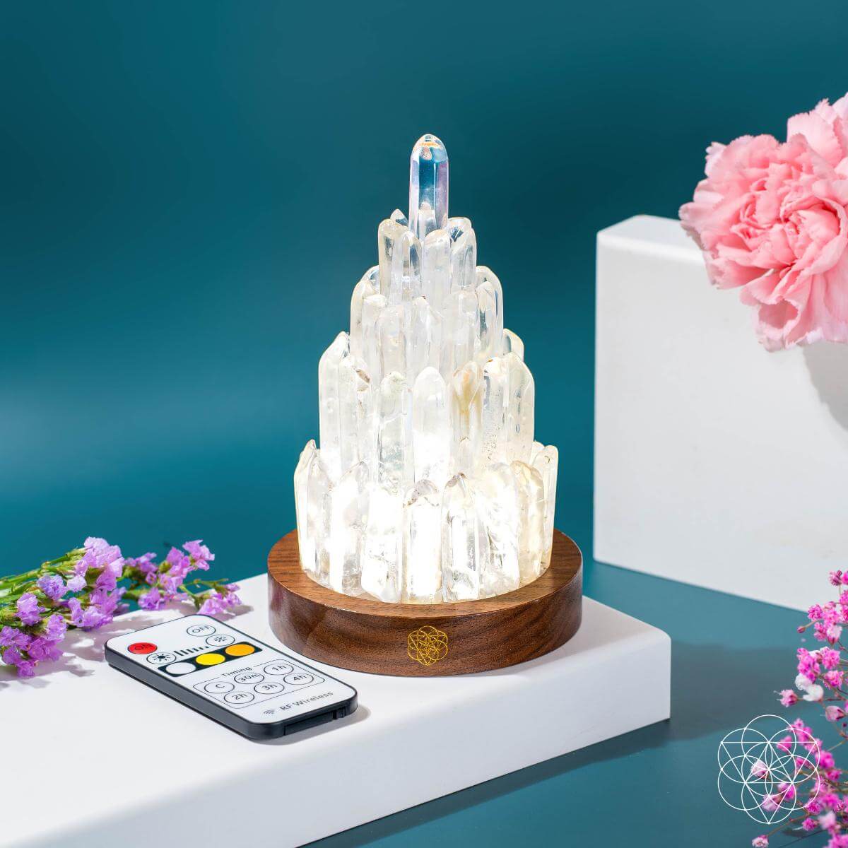 Tall carved clear quartz tower lamp lit from within — detail view 6