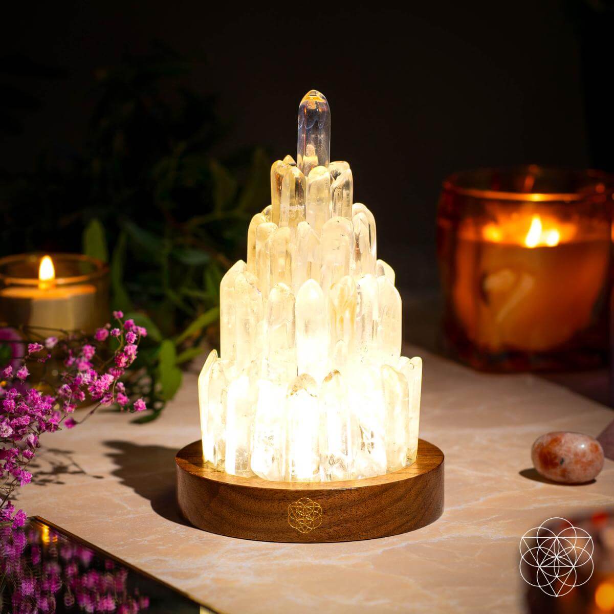 Tall carved clear quartz tower lamp lit from within