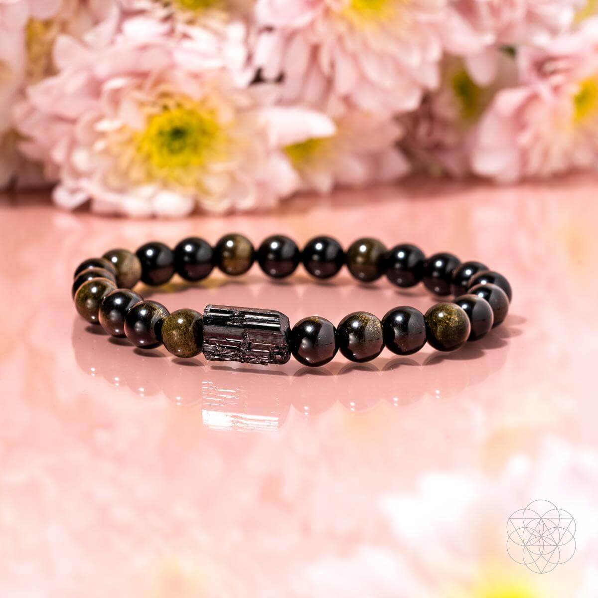 Bracelet of black tourmaline beads and golden obsidian beads with a warm sheen — detail view 5