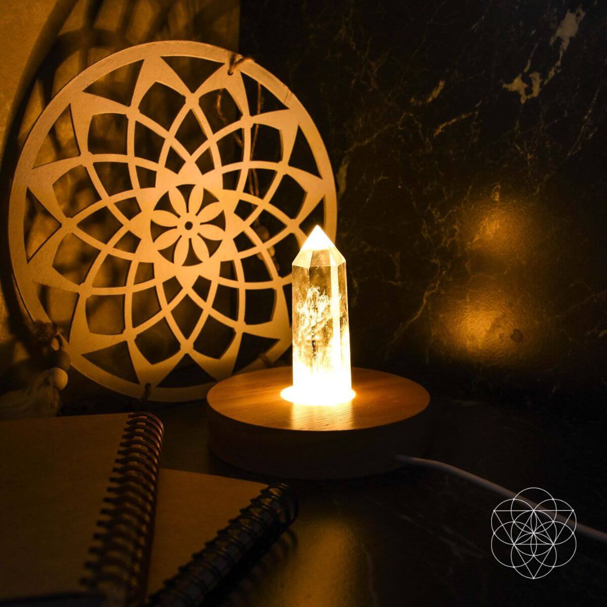 Clear quartz crystal lamp with a soft warm glow
