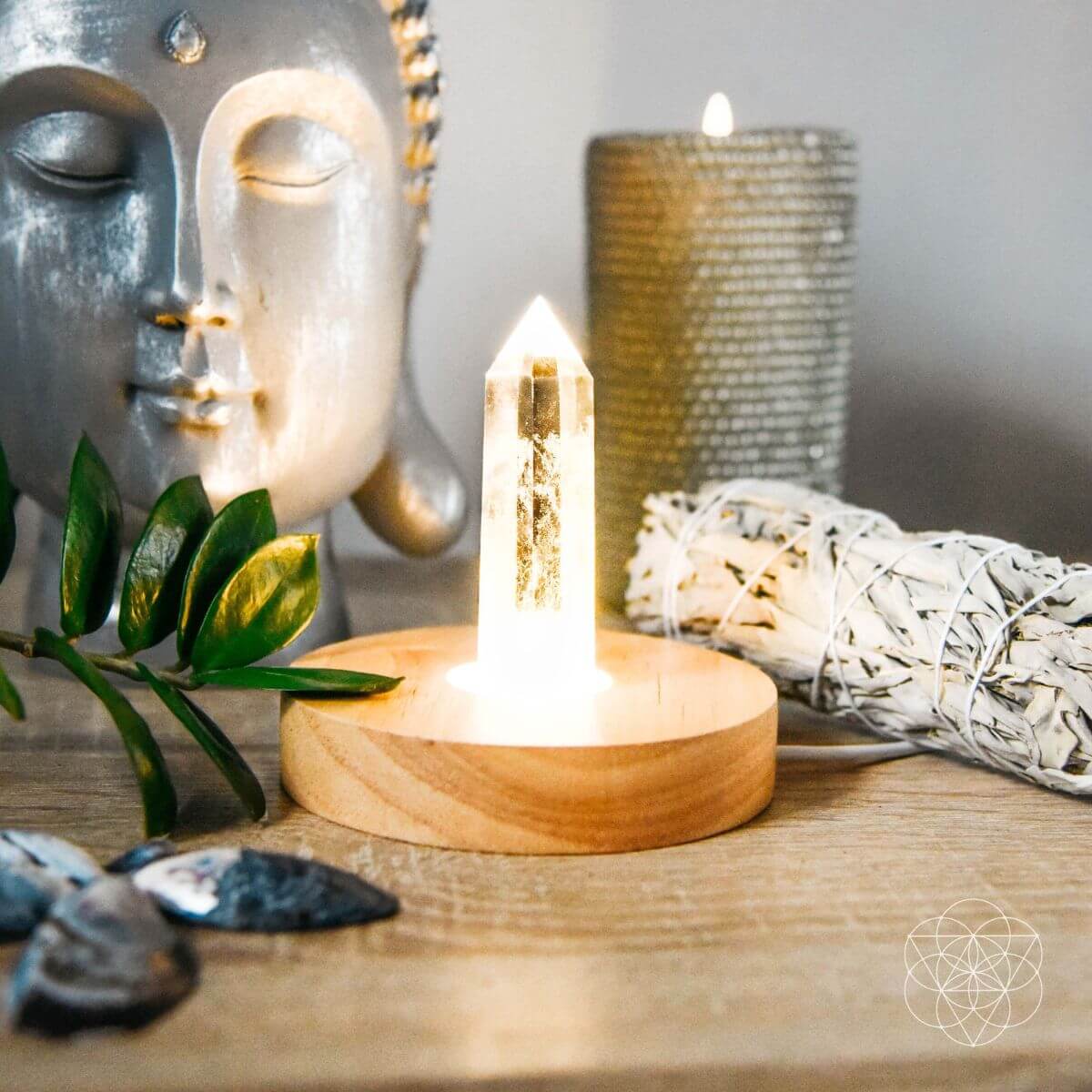Clear quartz crystal lamp with a soft warm glow — detail view 5