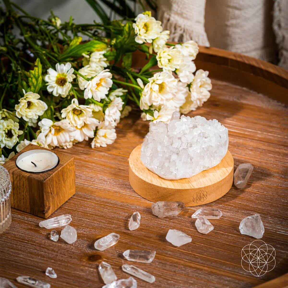 Clear quartz crystal lamp glowing softly on a wooden base — detail view 5