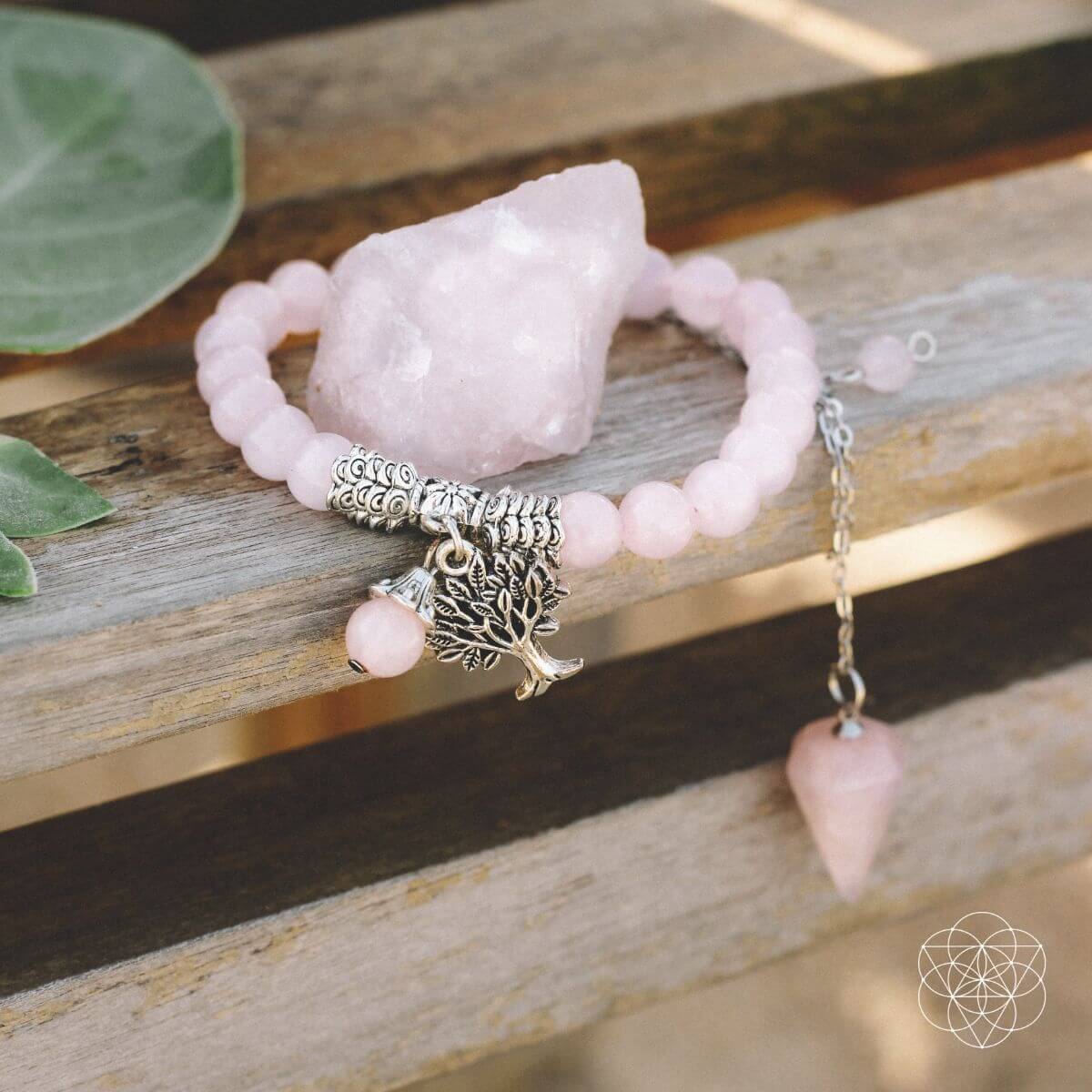 Rose quartz set with a beaded bracelet with silver Tree of Life charm, a natural rose quartz stone and a rose quartz dowsing pendulum — detail view 5