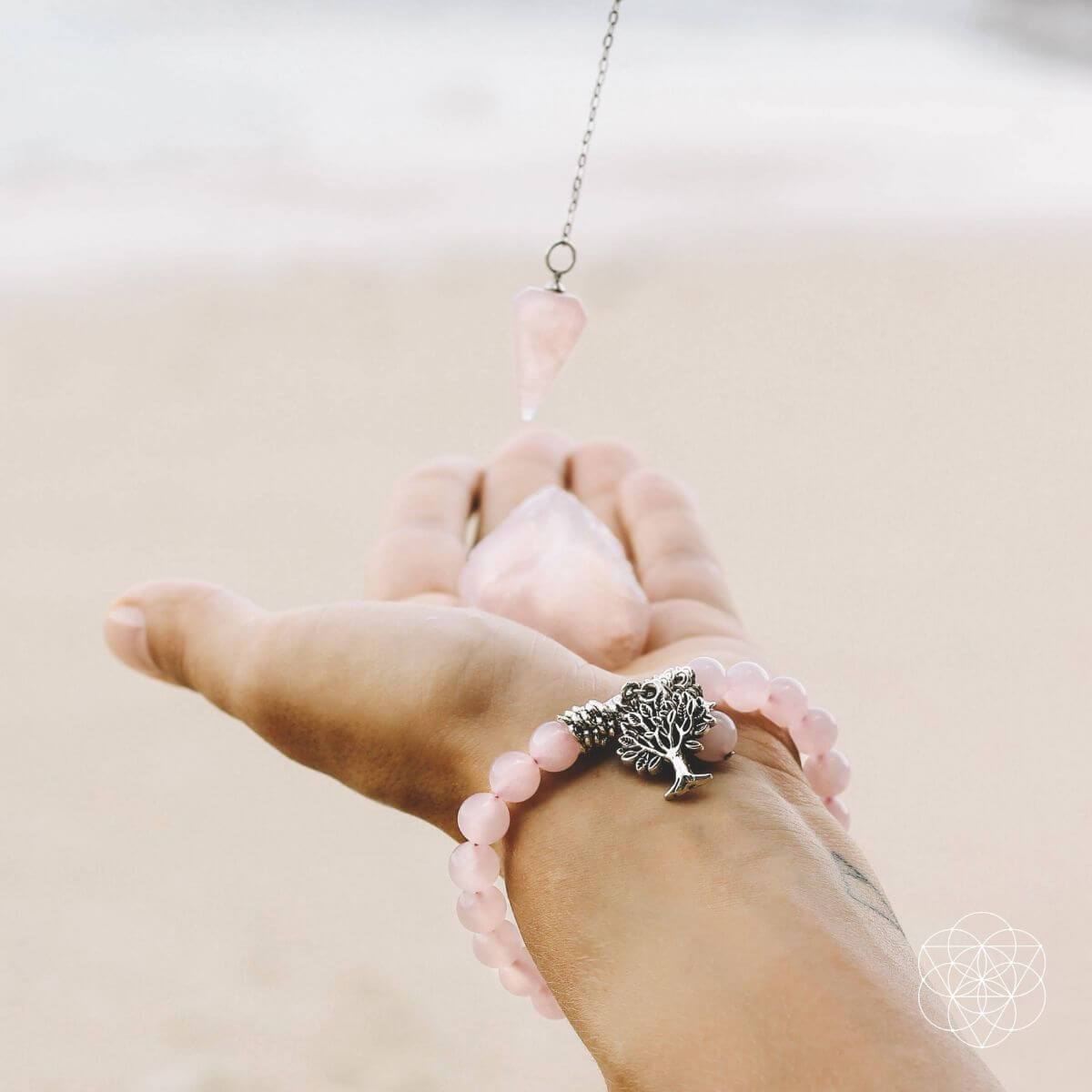 Rose quartz set with a beaded bracelet with silver Tree of Life charm, a natural rose quartz stone and a rose quartz dowsing pendulum — detail view 3