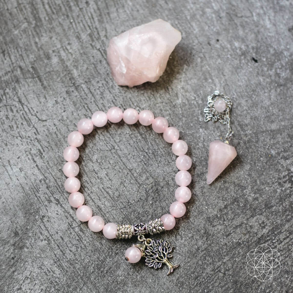 Rose quartz set with a beaded bracelet with silver Tree of Life charm, a natural rose quartz stone and a rose quartz dowsing pendulum