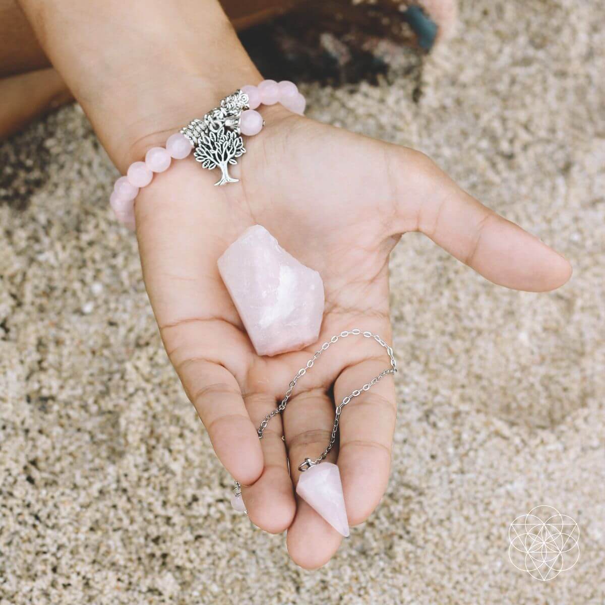 Rose quartz set with a beaded bracelet with silver Tree of Life charm, a natural rose quartz stone and a rose quartz dowsing pendulum — detail view 2