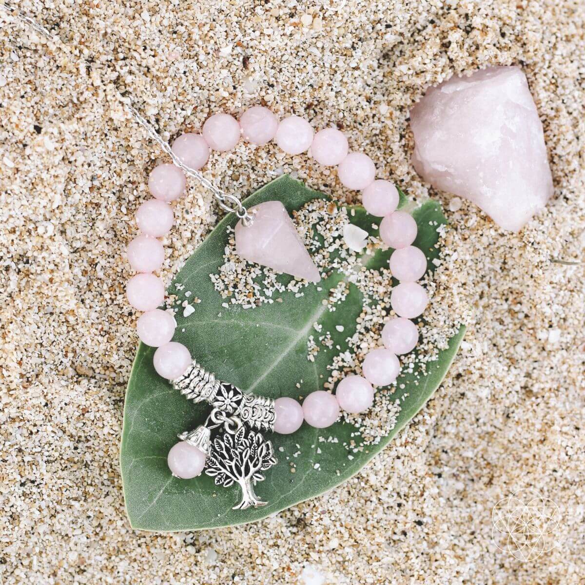 Rose quartz set with a beaded bracelet with silver Tree of Life charm, a natural rose quartz stone and a rose quartz dowsing pendulum — detail view 6