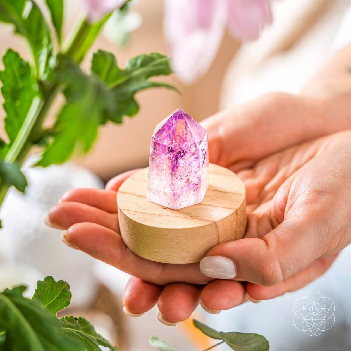 Amethyst crystal point lamp on a bedside table with soft purple light — view 2 of 7