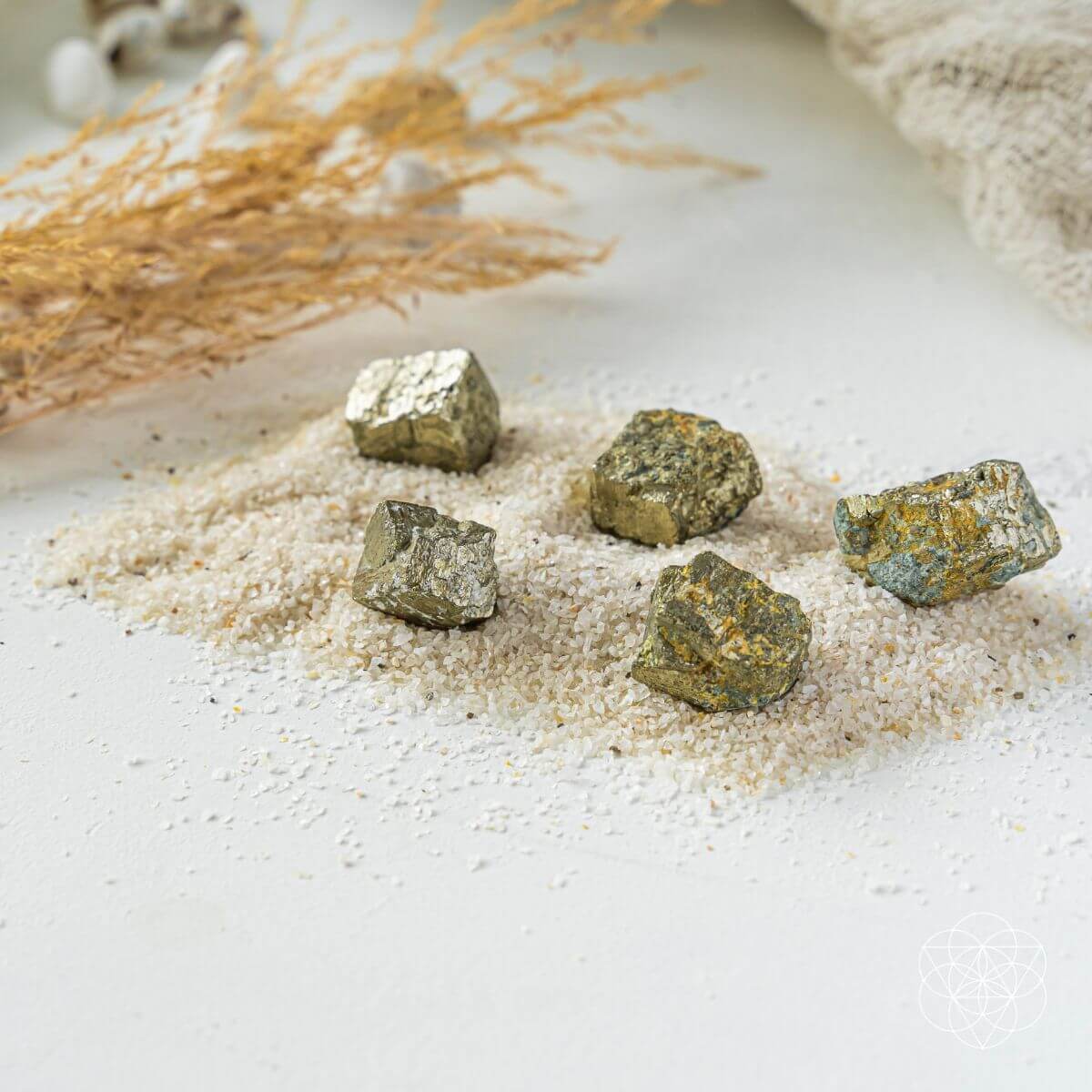 Set of golden pyrite success stones with metallic cubic crystal faces — view 6 of 6