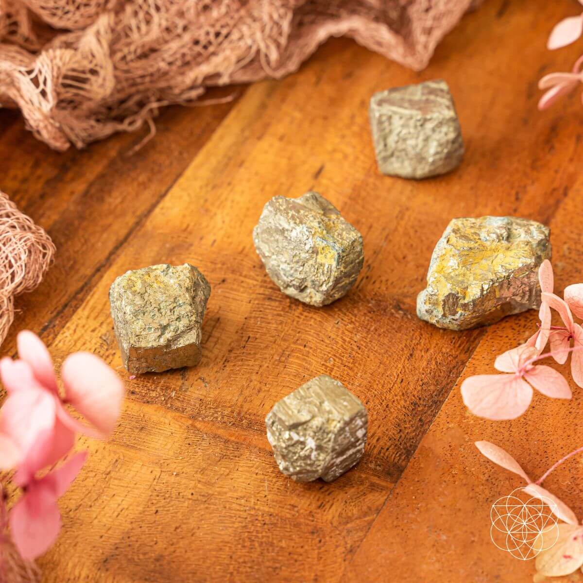 Set of golden pyrite success stones with metallic cubic crystal faces — view 4 of 6